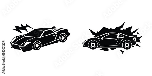 Racing Sports Car Side View Tearing Down Track Flat Silhouette on White Background