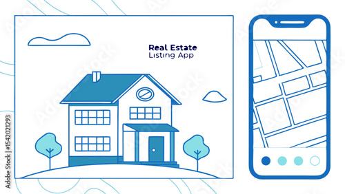 Illustration of a house with trees and clouds next to a phone displaying a map application interface
