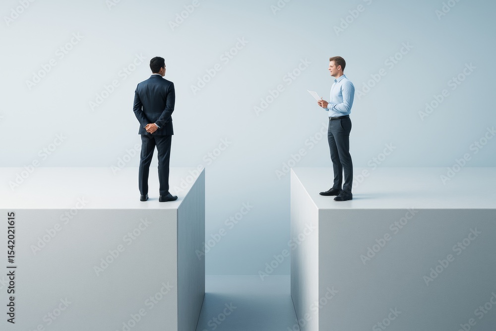 Fototapeta premium Two business people standing on separate platforms facing each other over a gap against a light minimal background, symbolizing communication challenges.