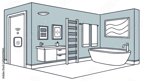 Illustration of a modern bathroom with a bathtub, vanity, towel rack and door with smart home device
