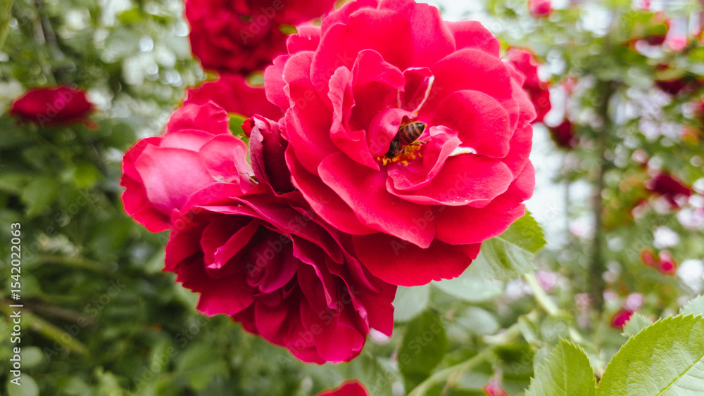 Horizontal close-up of two blooming red roses with a bee collecting pollen. Vibrant flowers and blurred greenery convey natural harmony and vivid seasonal beauty. Horizontal close-up of two blooming red roses with a bee collecting pollen. Vibrant flowers and blurred greenery convey natural harmony and vivid seasonal beauty.