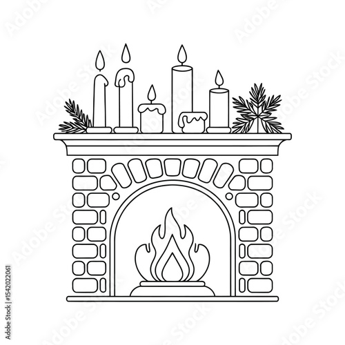 Fireplace with Burning Fire Candles and Evergreen Branches Christmas Decor Line Art Illustration vector