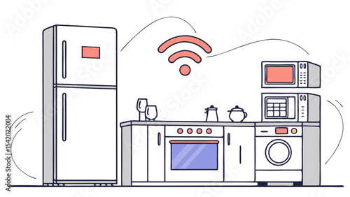 Illustration of a smart kitchen with wifi connectivity and various appliances and kitchenware items