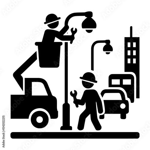 Street light repair maintenance worker technician fixing lamp post city infrastructure service job vector