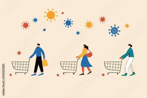 Social distance people keep distance away in public to protect COVID-19 Coronavirus flu outbreak, people with shopping cart trolley wait in line or queue keep away distance with COVID-19 pathogen.