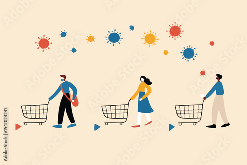 Social distance people keep distance away in public to protect COVID-19 Coronavirus flu outbreak, people with shopping cart trolley wait in line or queue keep away distance with COVID-19 pathogen.