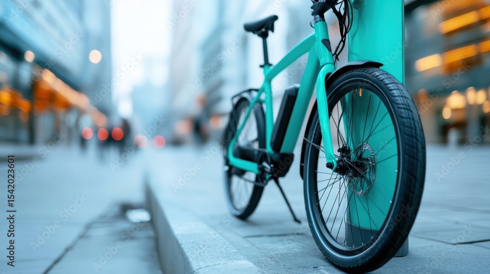 Obraz premium A sleek turquoise bicycle rests against a pole on a city street, capturing the essence of urban mobility and convenience in a vibrant city atmosphere.