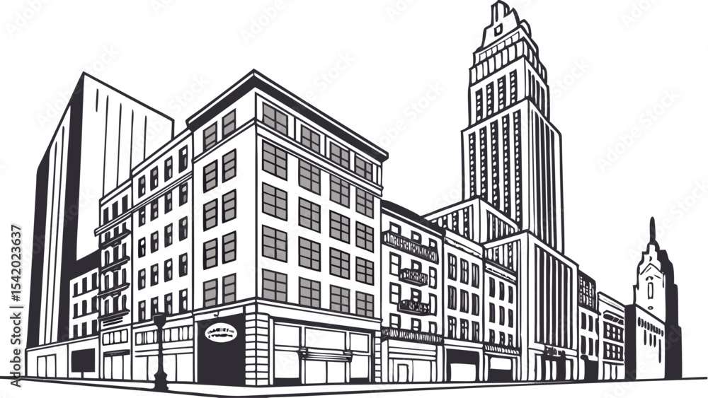 Fototapeta premium Illustration of a city street with various buildings including a skyscraper and smaller structures in black and white