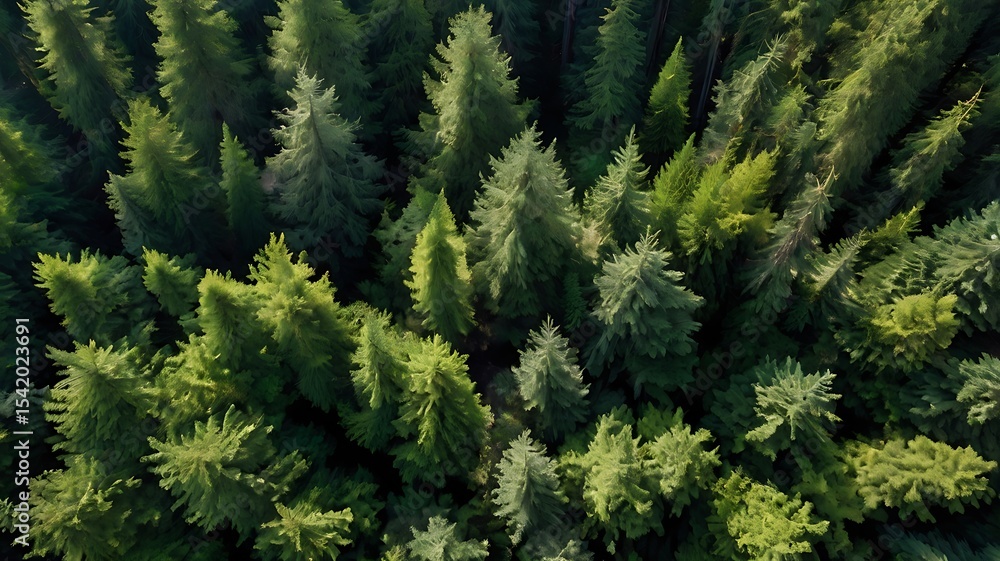 Aerial view of a dense forest canopy, showcasing evergreen trees and sunlight. Aerial view of a dense forest canopy, showcasing evergreen trees and sunlight.