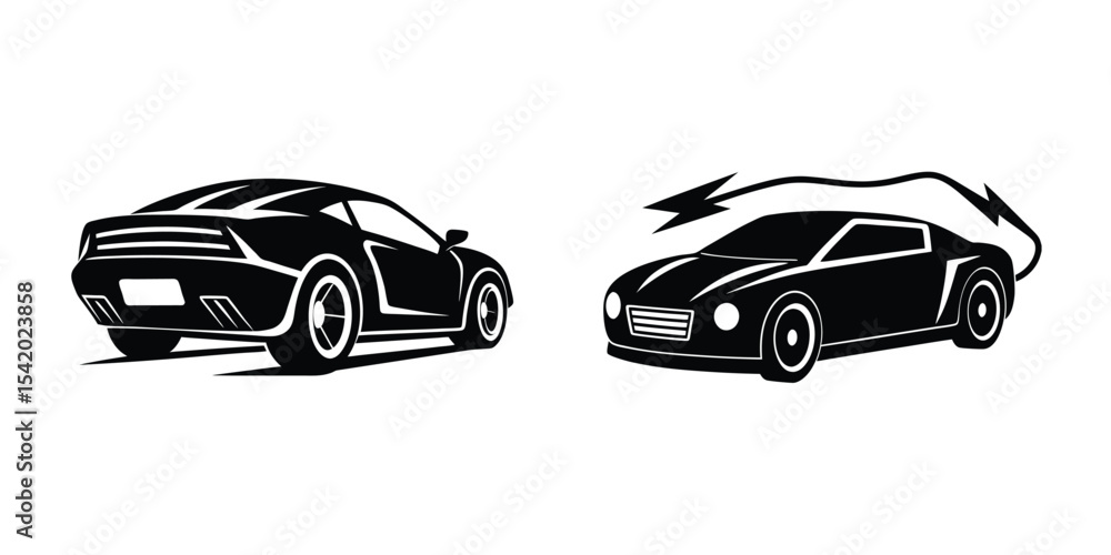 Naklejka premium Dynamic Silhouette of a Sports Car Charging Ahead in Rear View Flat Silhouette on White Background