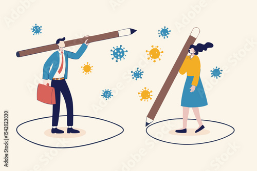 Social distancing, keep distance in public society people to protect from COVID-19 coronavirus outbreak spreading concept, businessman, woman keep distance away by drawing circle with virus pathogens