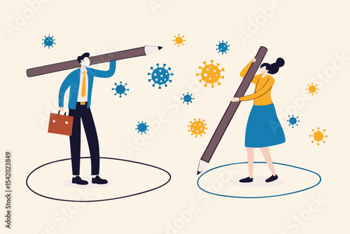 Social distancing, keep distance in public society people to protect from COVID-19 coronavirus outbreak spreading concept, businessman, woman keep distance away by drawing circle with virus pathogens