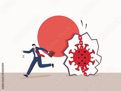 Virus disease outbreak protection failure, COVID-19 virus destroy and break the wall into Japan concept, wrecking ball as COVID-19 pathogen destroy and demolish Japan flag wall, business man run away.