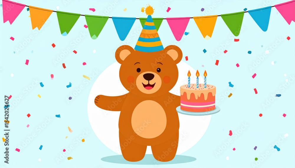 Naklejka premium cheerful teddy bear in festive hat holds birthday cake surrounded by confetti