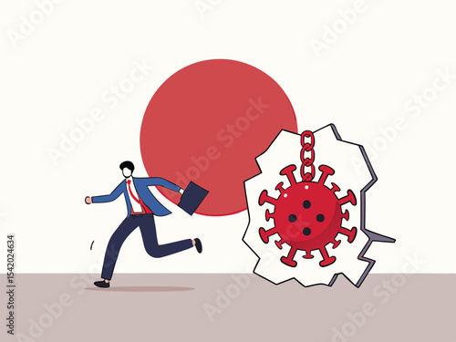 Virus disease outbreak protection failure, COVID-19 virus destroy and break the wall into Japan concept, wrecking ball as COVID-19 pathogen destroy and demolish Japan flag wall, business man run away.