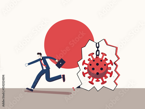 Virus disease outbreak protection failure, COVID-19 virus destroy and break the wall into Japan concept, wrecking ball as COVID-19 pathogen destroy and demolish Japan flag wall, business man run away.