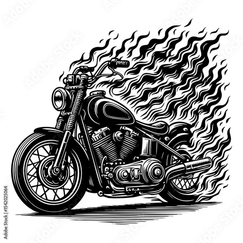 Motorbike on flame sketch engraving black and white outline. Scratch board imitation.