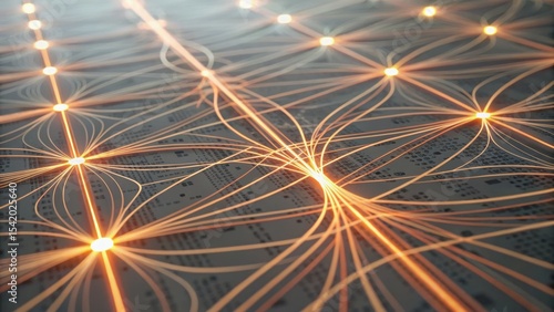 Abstract digital circuit design with illuminated lines and nodes, showcasing intricate connections and modern technology.