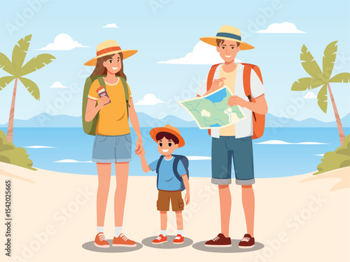 Happy family with backpacks to travel and exploring the beach. Parents holding map and passport, child smiling on the trip. Summer vacation and tropical travel concept illustration.