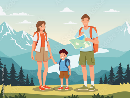 Happy tourist with Large travel bag pack for travel and exploring the beach. The lovers holding map and passport, smiling. Summer vacation and tropical travel concept illustration.