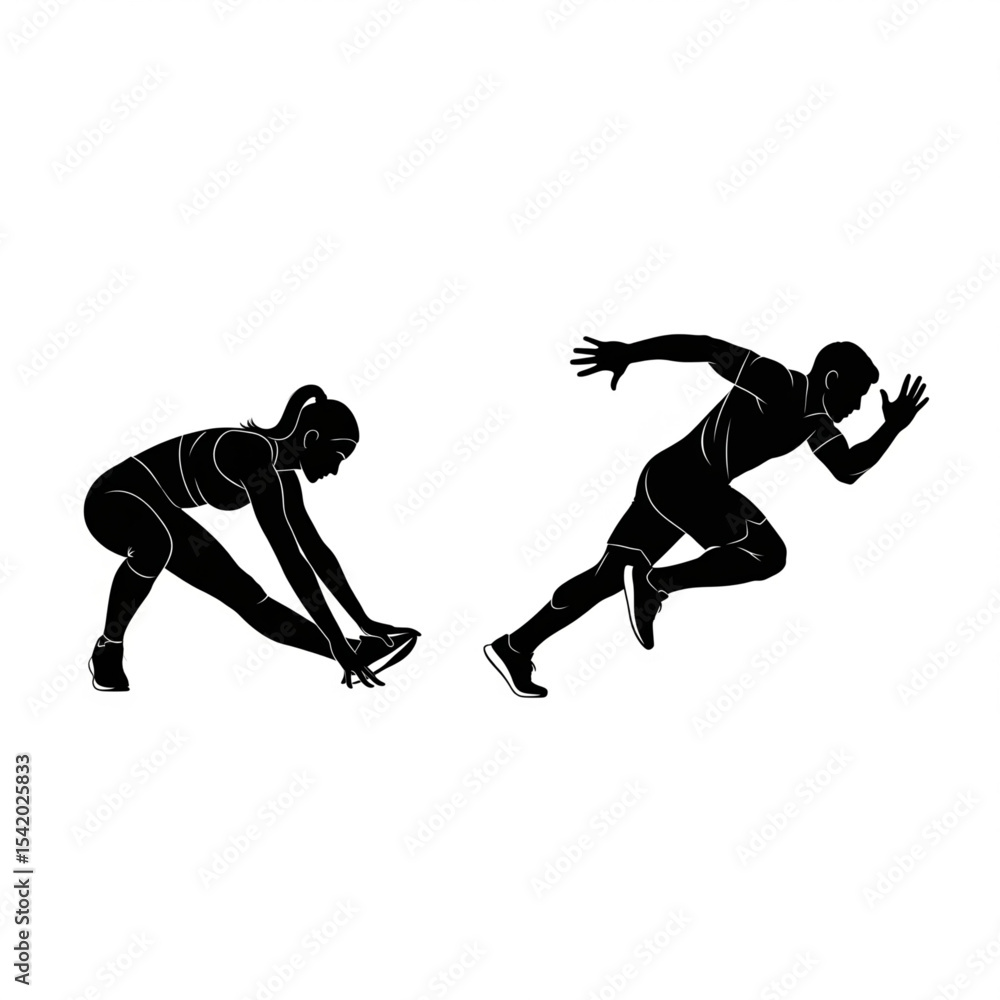 Obraz premium Female Stretching and Male Sprinter Silhouette