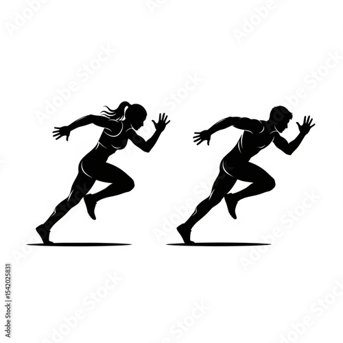 Female and Male Sprinters in Start Position Silhouette

