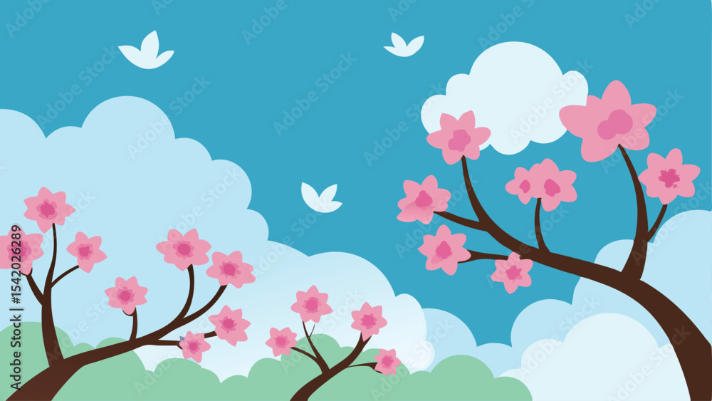 Fototapeta premium Springtime blooming cherry blossoms with sky and clouds design illustration