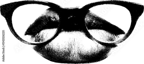 Bold eyeglass frame and lipstick smear in high contrast black and white