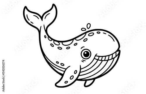 Cute cartoon whale outline with a spouting blowhole and smiling face, ideal for children's coloring pages or educational ocean themes