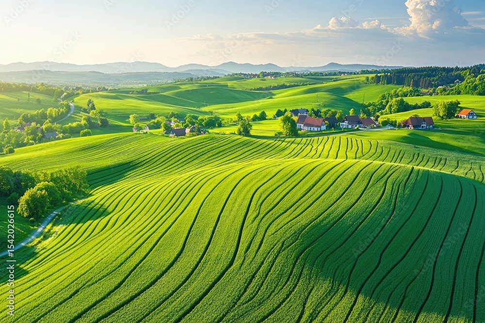 Fototapeta premium Scenic rural landscape with rolling hills and fields.