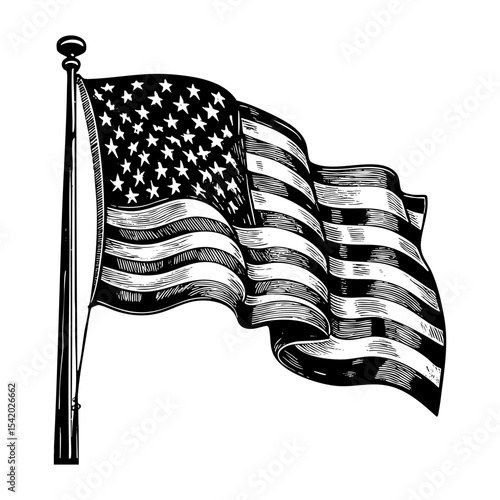 America flag waving engraving sketch engraving black and white outline. Scratch board imitation.  illustrated in vintage line art style on a white background.