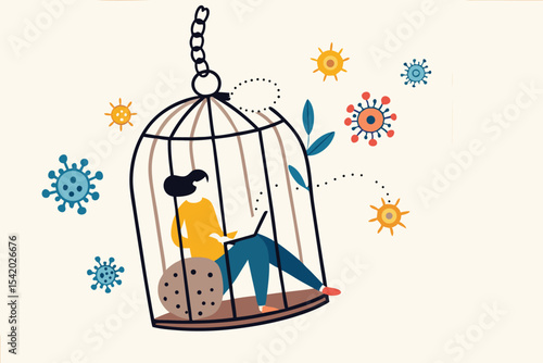 Social distancing, self quarantine and isolation for traveller or person having symptoms on COVID-19 coronavirus flu concept, woman working at home in bird cage pathogens as COVID-19 virus pandemic.
