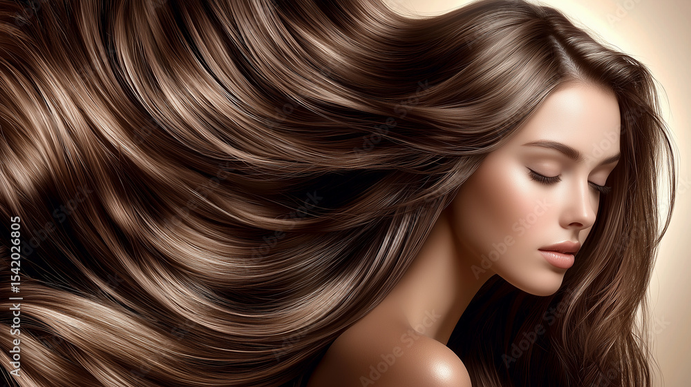 Obraz premium Woman with Luxurious Flowing Brown Hair Demonstrating Beauty 