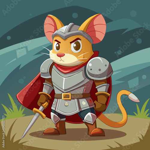 Brave Mouse Knight in Shining Armor Ready for an Epic Quest Illustration, Whimsical Fantasy Adventure Scene with Heroic Character and Creative Vector Design