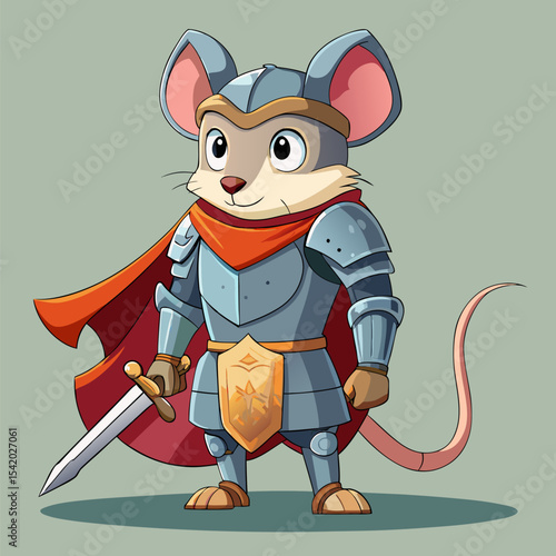 Brave Mouse Knight in Shining Armor Ready for an Epic Quest Illustration, Whimsical Fantasy Adventure Scene with Heroic Character and Creative Vector Design