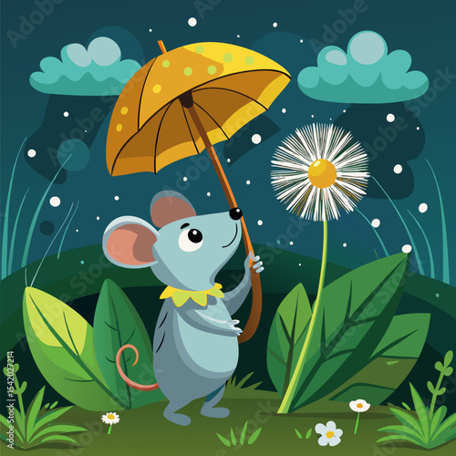 Cute Mouse Using a Dandelion as an Umbrella in the Rain Illustration, Whimsical Animal Scene with Nature, Fantasy, and Creative Vector Concept