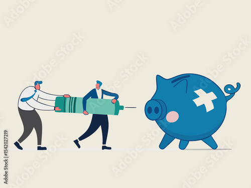 Economic stimulus, QE Quantitative Easing, monetary policy in economic in financial crisis or economic recession, Businessman central bank carrying syringe of money medicine to inject broke piggy bank