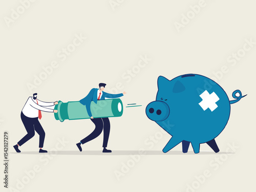 Economic stimulus, QE Quantitative Easing, monetary policy in economic in financial crisis or economic recession, Businessman central bank carrying syringe of money medicine to inject broke piggy bank