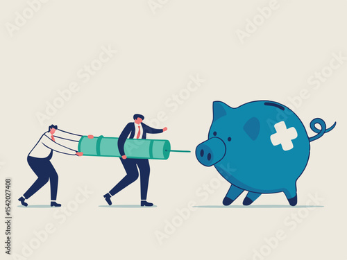 Economic stimulus, QE Quantitative Easing, monetary policy in economic in financial crisis or economic recession, Businessman central bank carrying syringe of money medicine to inject broke piggy bank