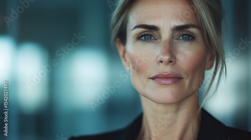 A poised and confident mature woman presents a powerful expression, showcasing her wisdom and strength through her piercing gaze amidst a softly blurred background.
