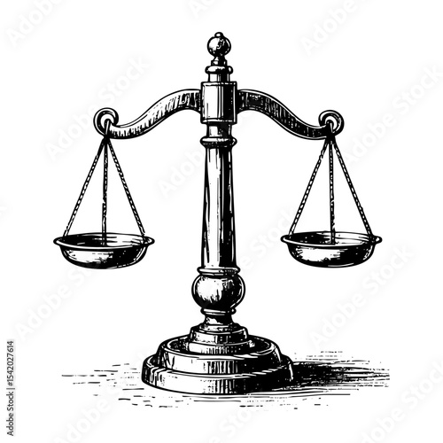 Scales of justice sketch engraving black and white outline. Scratch board imitation.  illustrated in vintage line art style on a white background.