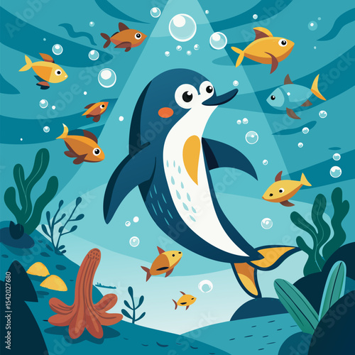 Penguin Diving Underwater Surrounded by Fish for Marine Wildlife Illustration, Nature Scenes, Aquatic Adventure, and Creative Vector Design