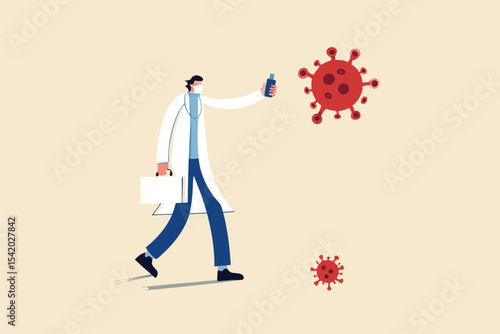 Fighting to stop COVID-19 Coronavirus world pandemic outbreak concept, doctor full protective gear, vaccine box holding infrared thermometer to measure temperature as a gun to fight virus pathogen.