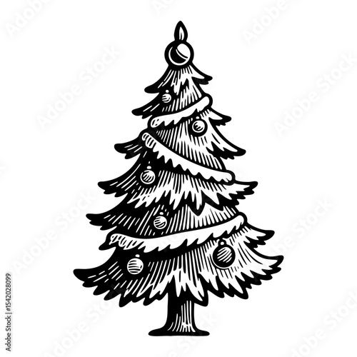 Christmas tree sketch engraving black and white outline. Scratch board imitation.