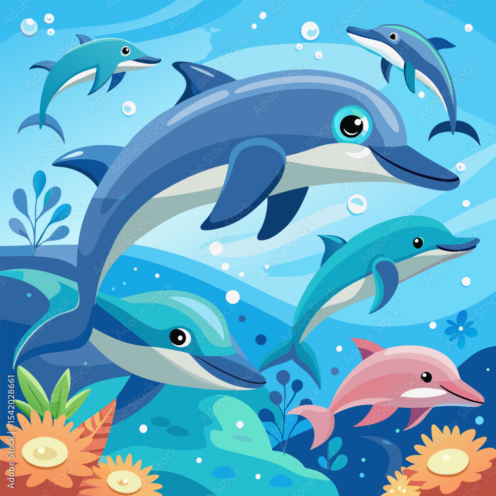 Obraz premium Playful Group of Dolphins Swimming in Clear Ocean Waters for Marine Wildlife Illustration, Nature Art, Ocean Scenes, and Creative Vector Designs