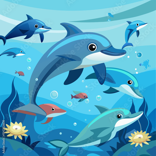 Playful Group of Dolphins Swimming in Clear Ocean Waters for Marine Wildlife Illustration, Nature Art, Ocean Scenes, and Creative Vector Designs