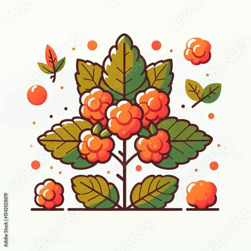 A stylized cloudberry plant with orange berries green leaves and a brown stem stands on a white backdrop