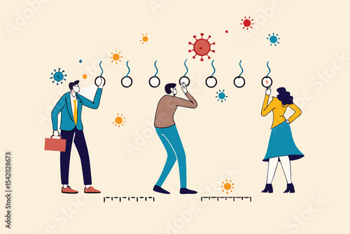 Social distancing, people keep distance in public transportation to protect from COVID-19 coronavirus outbreak spreading concept, people keep distance away in the train or bus with virus pathogens