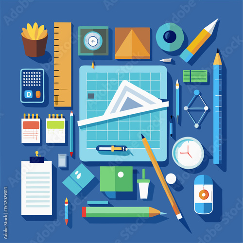 Work Desk with Blueprints, Pencils, and Rulers for Design Planning, Creative Drafting, Engineering Concepts, and Professional Workspace Illustrations