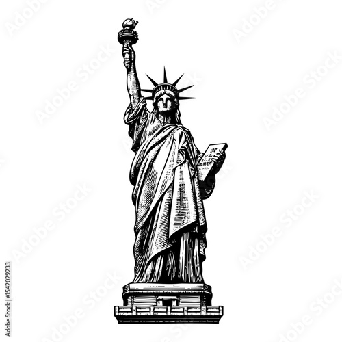 Liberty statue sketch engraving black and white outline. Scratch board imitation.  illustrated in vintage line art style on a white background.
